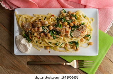 Linguine Pasta With Italian Chicken Sausage Chickpeas And Kale In A Creamy Ricotta Cheese Sauce