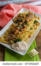 Linguine Pasta With Italian Chicken Sausage Chickpeas And Kale In A Creamy Ricotta Cheese Sauce