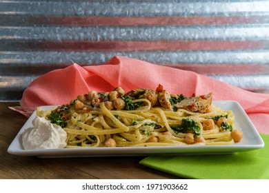 Linguine Pasta With Italian Chicken Sausage Chickpeas And Kale In A Creamy Ricotta Cheese Sauce