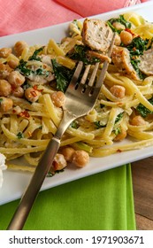 Linguine Pasta With Italian Chicken Sausage Chickpeas And Kale In A Creamy Ricotta Cheese Sauce