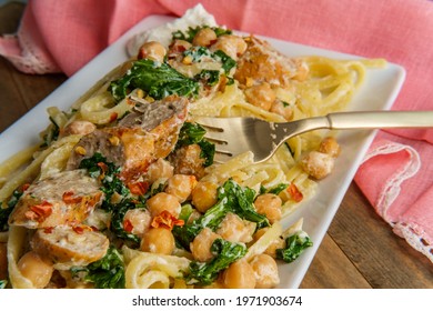 Linguine Pasta With Italian Chicken Sausage Chickpeas And Kale In A Creamy Ricotta Cheese Sauce