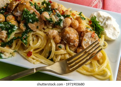 Linguine Pasta With Italian Chicken Sausage Chickpeas And Kale In A Creamy Ricotta Cheese Sauce