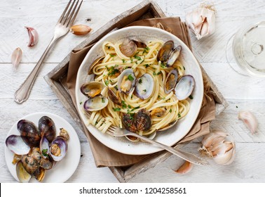 Linguini With Clams Top View - Traditional Italian Seafood Pasta