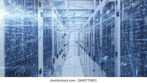 Lining data center hall server racks housing blinking LED servers and bundled cables, data overlays. Technology, infrastructure, cybersecurity, digital, industrial, futuristic, precision