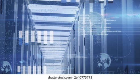 Lining server racks and network cabinets along data center corridor, with digital overlay graphics. Technology, data, networking, digital, infrastructure, cybersecurity, futuristic