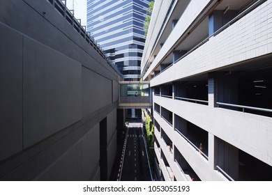 Link between two building. Space between mall and car park building.  Beautiful perspective background.