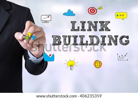 LINK BUILDING Businessman drawing Landing Page on blurred abstract background