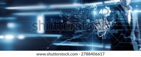 Link robot hand touch API gateway icons. Facilitating seamless software integration and data exchange between apps. Scalable connectivity enhances operational efficiency in ecosystems.