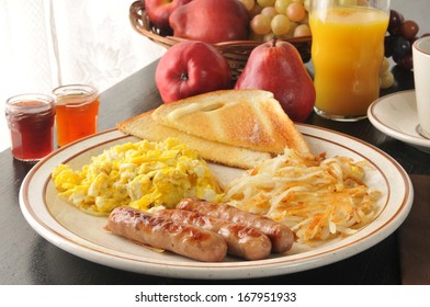 Link Sausage With Scrambled Eggs, Hash Browns And Toast