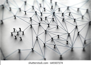 Linking Entities. Monotone. Networking, Social Media, SNS, Internet Communication Abstract. Small Network Connected To A Larger Network. Web Of Light To Dark Blue, Wires On White Background.