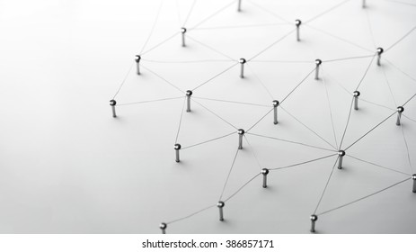 Linking entities. Network, networking, social media, connectivity, internet communication abstract. Web of thin silver wires on white background.