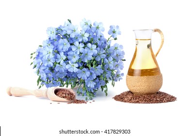 linseed oil, flaxseed and flowers isolated on a white background