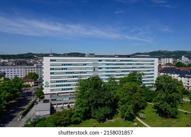 Linz, Austria, 19 May 2022, View From The Med Uni Campus To The Building Of The Gesundheitskasse