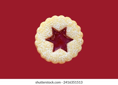 Linzer cookie on red background, isolated. Christmas time