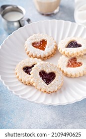 Linzer Cookies With Jam Filling And Heart Shapes For Valentine