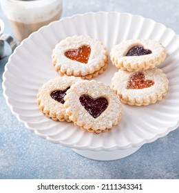 Linzer Cookies With Jam Filling And Heart Shapes For Valentine