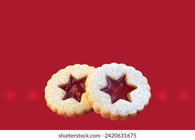 Linzer cookies on red background, isolated, copy space for text. Christmas time