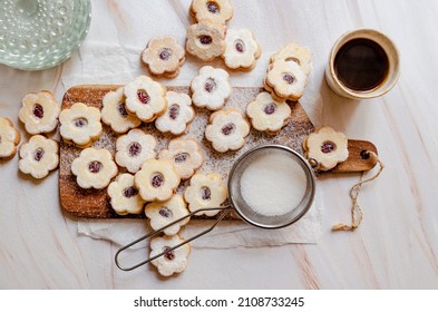 Linzer Cookies Overhead Photo, Coffee On A Marble Table