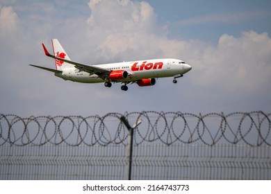 A Lion Air Plane Lands At The Soekarno Hatta Airport Crossing In Tangerang, Banten.