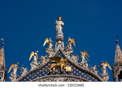 The Lion And Angels Decorating The Top Of St Marks Basilica In Venice