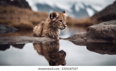 Lion cub looking the reflection of an adult lion in the water on a background of mountains 