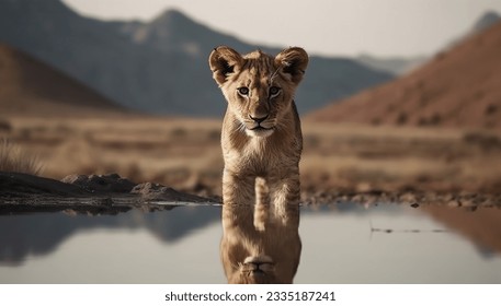 Lion cub looking the reflection of an adult lion in the water on a background of mountains 