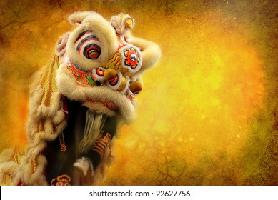 lion dance isolated on highly detailed textured grunge background frame
