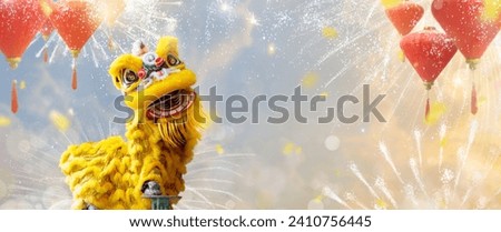 Lion dance on Chinese New Year celebration. Lunar New year party in Asia. Asian heritage tradition and culture. Fireworks and red lanterns. Prosperity and luck blessing.