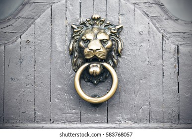 Lion Head Door Knocker, vintage gray door, exterior