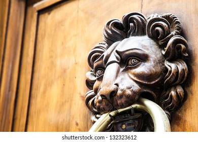 Lion head knocker on an old wooden door in Tuscany - Italy