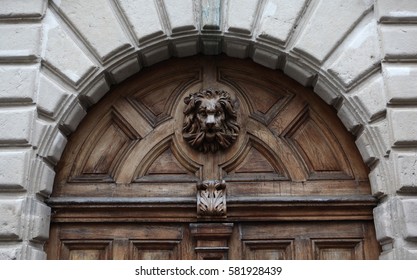 Lion on the old door. Medieval style. Lyon. France.
