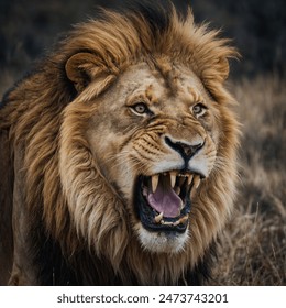 The lion (Panthera leo) is a large, muscular carnivorous mammal known for its majestic appearance and social behavior. It has a tawny coat, a tufted tail, and, in males, a distinctive mane.  - Powered by Shutterstock