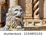 Lion sculpture on the facade of the Teramo Cathedral, Italy