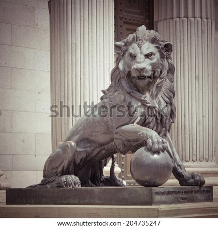 The Lion Statue in Madrid, Spain with retro effect,