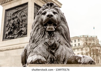 Lion Statue At Trafalgar Square, London, UK