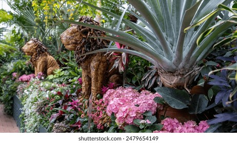 Lion statues amidst lush tropical plants and vibrant flowers inside the Biltmore Conservatory, showcasing an exotic and artistic indoor garden display. - Powered by Shutterstock