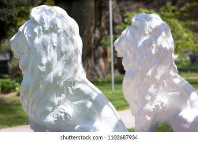 Lion Statues At A International Peace Garden.