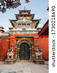 Lion statues near the gate of Taleju temple, Durbar square in Kathmandu, Nepal