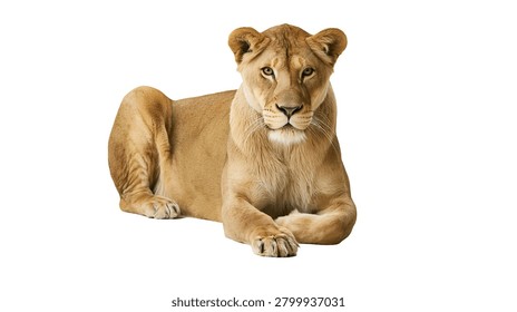 Lioness lying down front view, white