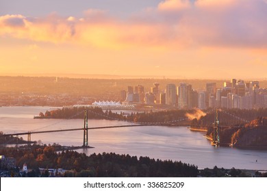 Lions Gate Bridge And Downtown Vancouver At Winter Sunrise