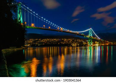 Lion's Gate Bridge At Night In Vancouver BC