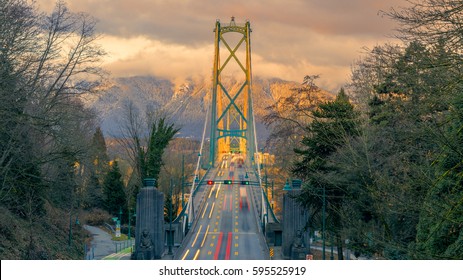Lions Gate Bridge in sunset, Vancouver, BC, Canada
