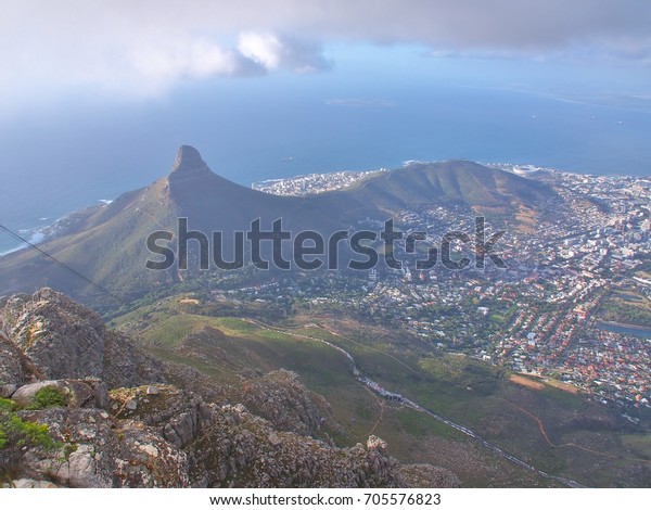 Lion\'s Head Mountain and Aerial View of Cape Town\
Coastline in the city of Cape Town, South Africa.Take from Table\
Mountain National Park.