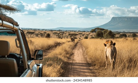 Lions on Safari Pathway, Two lions stroll down a dusty trail with a safari jeep observing nearby, kenya safari