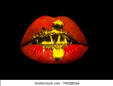 Lip drip background, gold on red pink female sexy lips isolated on black background. Fashionable lipstick, cosmetics concept. Golden teeth and oral sex, girl or woman creative make-up. Luxury glamour