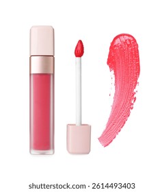 Lip gloss, applicator and sample isolated on white