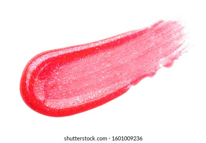 Lip gloss face make-up sample. Pink color cosmetic liquid lipgloss smudge smear stroke. Make up smear isolated on a white background. Macro of Lipstick close-up