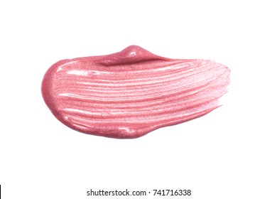 Lip gloss sample isolated on white. Smudged pink lipgloss. Makeup product sample.
