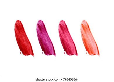 Lip Gloss Swatches Isolated On White Background. Trendy Lipstick Gloss Colors Smudge Samples.