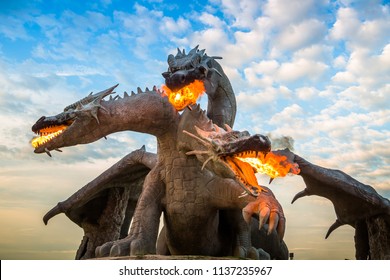 Lipetsk region, Eletz, Russia 2018: Dragon. Huge sculpture of three-headed dragon. Safari park. Ethno folk festival at Kudykina Mountain. 